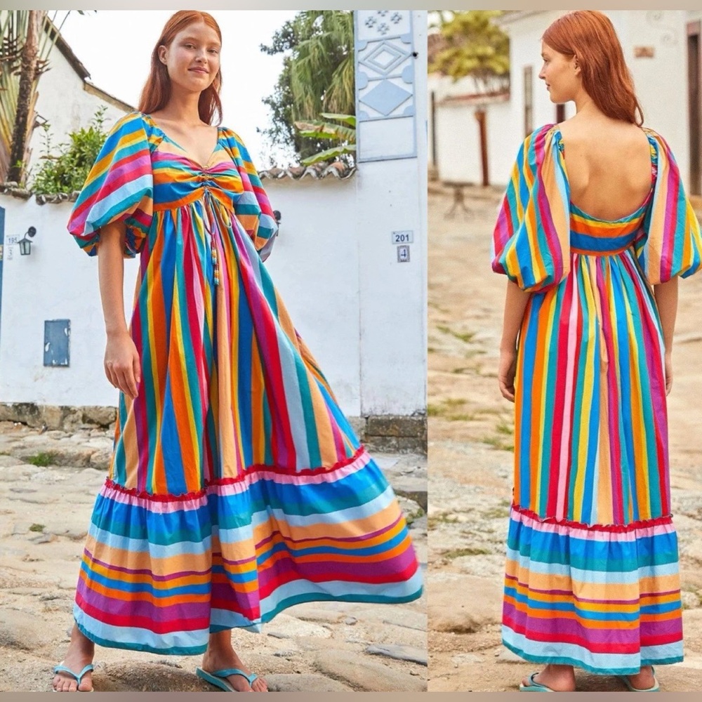Farm Rio Maxi Striped Scarf Rainbow Dress